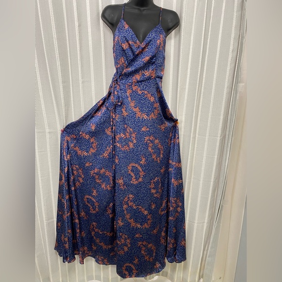 Wrap Maxi Dress Blue Purple & Coral Floral Silky Size‎ S - NWOT - Picture 1 of 12